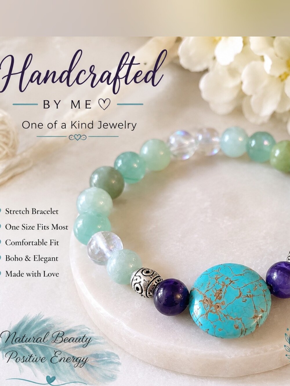 Handcrafted Turquoise & Mint Beaded Stretch Bracelet
